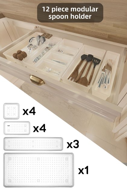 12-Piece Modular Spoon Holder Set - Adjustable Kitchen Drawer Organizer Transparent