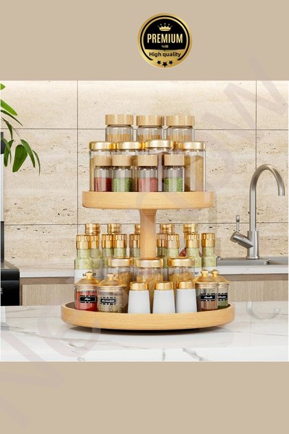 New Generation Bamboo 360 Rotating 2-Tier Edged Spice Rack Stand, Bamboo Rotating Stand