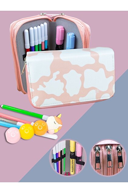 Pencil Case Cow Pattern Pink Vegan Leather Three Compartments (pen holder)