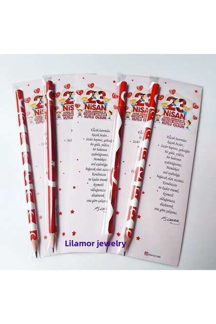 10 Pieces of April 23Rd Gift: Pencil with Turkish Flag and Moon Star Design and Bookmark