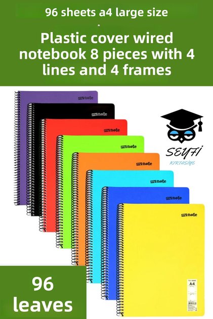 96 Sheets A4 Wire Notebook 8 Pieces 4 Stripes 4 Stripes Plastic Cover