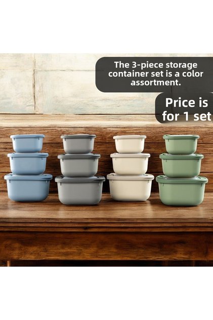 1 Set 3 Pieces Storage Container Silicone Lid Leak Proof Diffuse Convenient Suitable for Microwave 600-1100-1800ml