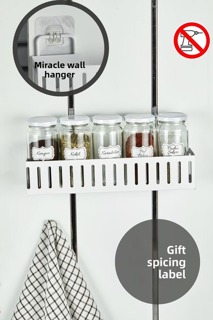 SET OF 5 METAL WALL HANGING SPICE RACKS - SPICE RACK WITH METAL SHELF - WHITE 30 CM SHELF