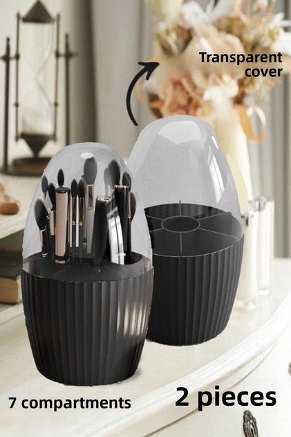 2 Pieces Black 7 Compartment Makeup Brush and Cosmetic Organizer Organizer with Transparent Lid