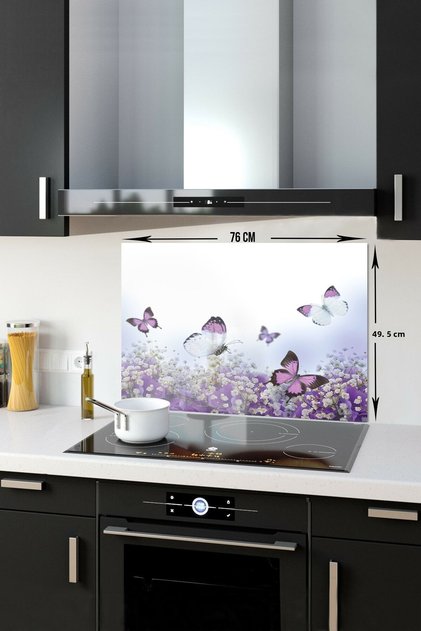 Glass Stove Back Protector| Purple Flowers And Butterflies| 49.5cm X 76cm