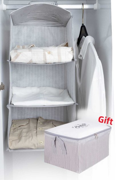 Closet Organizer 3 Compartments Gray Striped Foldable Closet Organizer
