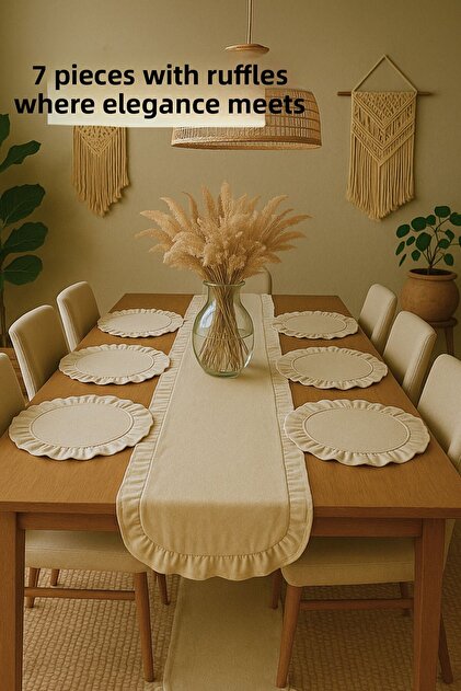 Ruffled Linen Table Runner & 6-Piece Ruffled Placemat Set - 7-Piece Dowry Set