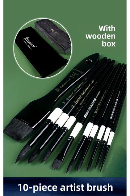 Set de pensule pentru artiști 10 bucăți (cu cutie din lemn) Acuarelă-Acrilic