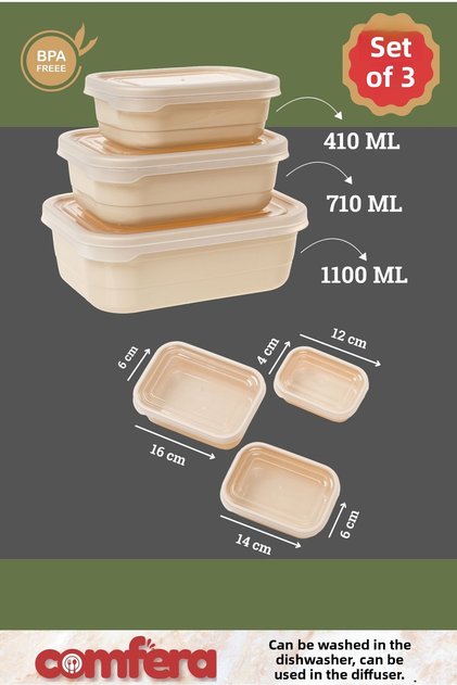 Comfera Set of 3 Food Storage Containers, Suitable for Refrigerator and Microwave, Practical Plastic Food Container