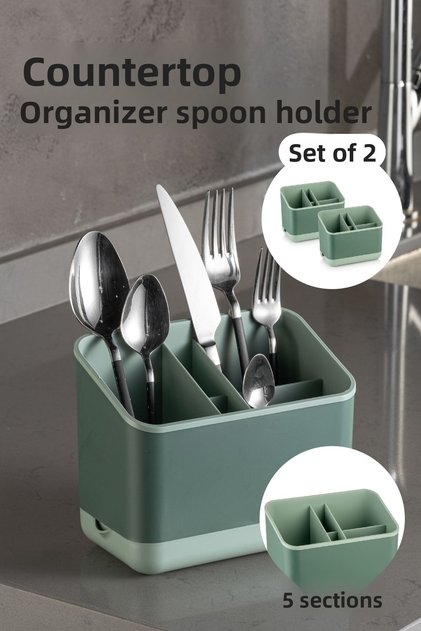 2 Pieces Countertop Spoon Organizer 5 Compartment Organizer Spoon Holder Green