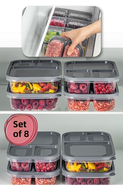 8-Piece 3-Compartment Rectangular Storage Container 1.15 Liters Anthracite