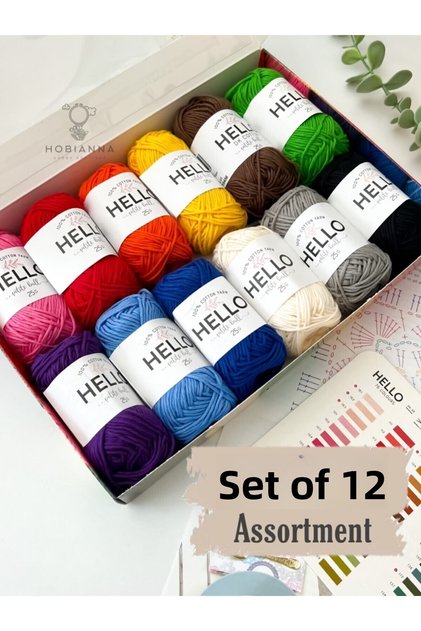 مجموعة Hello Punch & Amigurumi مكونة من 12 قطعة (مقاس) من الخيوط الملونة الأساسية