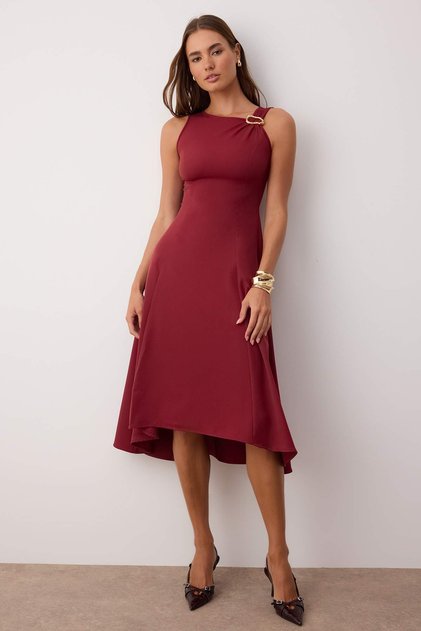 Burgundy Plain Accessory Detailed Midi Woven Dress Twoaw26El00116