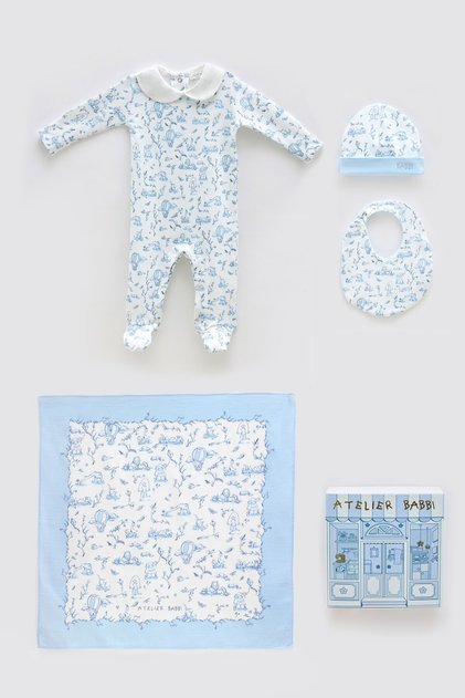 100% Cotton 4-Piece Newborn Set - Toile De Jouy / Blue