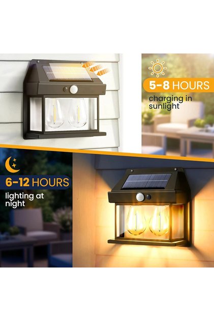 Solar Wall Light 2 Bulbs, Dusk to Dawn Porch, Outdoor Garden Security Lamp, 3 Modes & Motion
