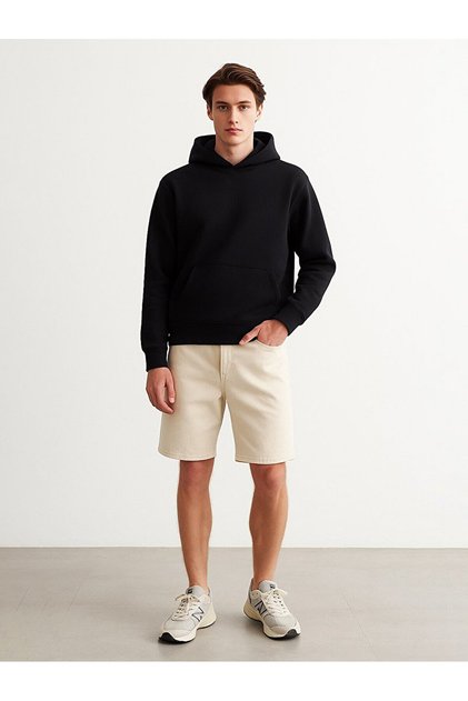 Sloganlı Kapüşonlu Fermuarsız Regular Fit Siyah Sweatshırt