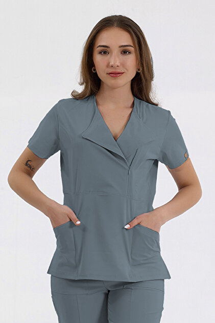 Single Top Special Collar Doctor and Nurse Surgical Scrub with Invisible Zipper Goblin Blue | BRLMEDİKAGO