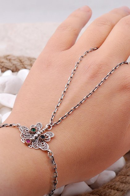Kelebek Telkari Elişi Şahmeran Gümüş Yüzüklü Bileklik 46