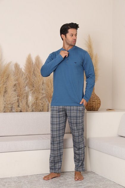 New Season Long Sleeve Collar Placket Three Button Pants with Pockets Indigo Color Men's Pajama Set