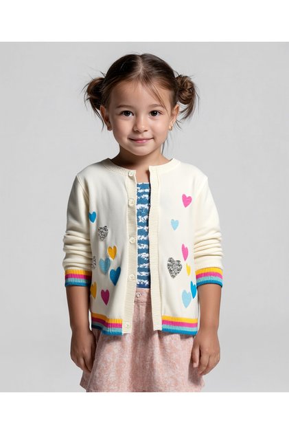 100% Cotton Knit Full Sleeve Front Open Sweater Heart Embroidery & Sequin Detailing-White