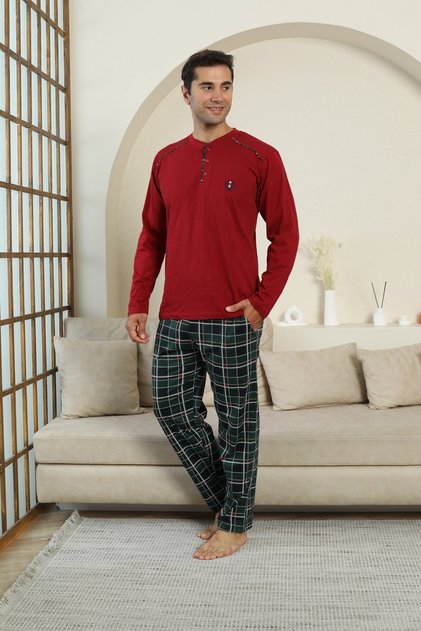 New Season Long Sleeve Collar Placket Three Button Trousers with Pockets Burgundy Color Plaid Men's Pajama Set