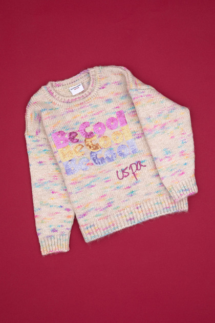 Girls Neon Pink Sequin Embroidered Crew Neck Sweater 50314362-Vr105
