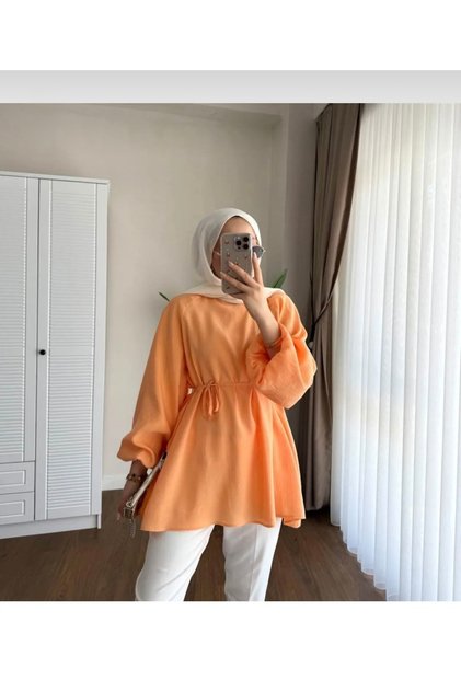 قميص نسائي بأكمام بالون وحزام الخصر حجاب برتقالي تونيك rz01