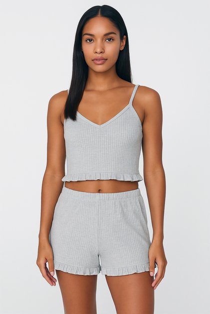 Cotton Ribbed Crop Tank Top and Ruffle Shorts Women's Pajama Set