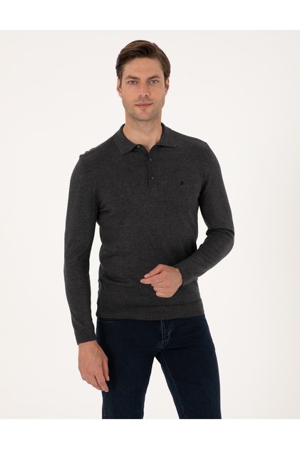 Antrasit Melanj Slim Fit Polo Yaka Basic Triko Kazak 50314189-VR081