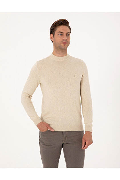 Krem Melanj Slim Fit Çeyrek Yaka Basic Triko Kazak 50314188-VR159