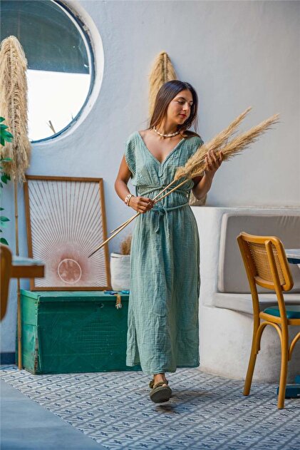 Miss Boheme Green Color Cleopatra Hair Braided Muslin Dress- Trendyol
