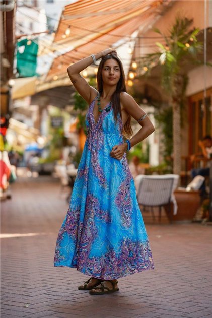 Purple Color Strap Halter Neck Backless Silk Dress
