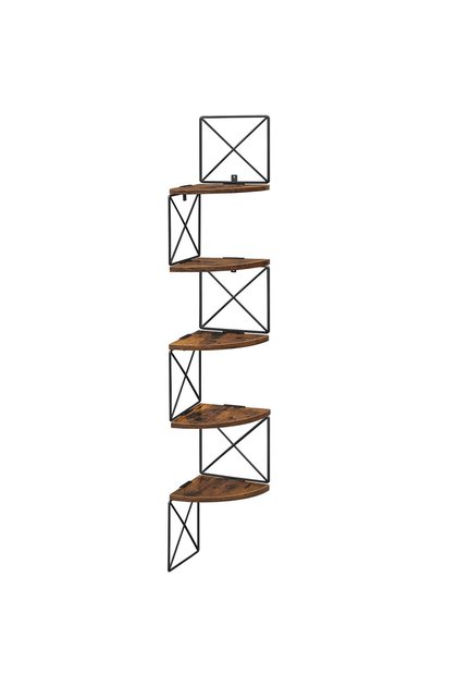 Raft de colț pentru perete, cadru din oțel cu 5 niveluri din MDF, 20x20x128cm, maro rustic și negru