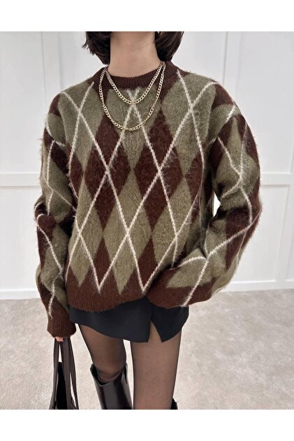 Dgn's Yumoş Yarn Complete Baklava Patterned Circle Neck Women's Knitwear Sweater