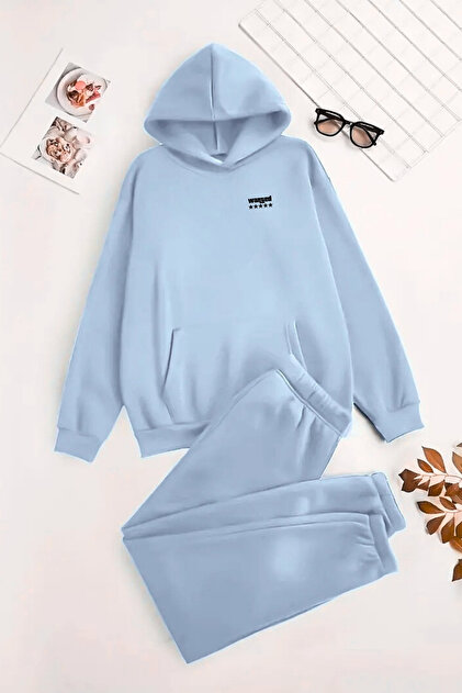 Set trening unisex cu glugă, albastru deschis, imprimat WANTED, material cu interior periat pentru iarnă