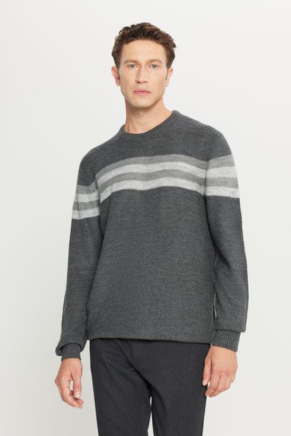 Men's Anthracite-Melange Standard Fit Regular Cut Crew Neck Jacquard Knitwear Sweater