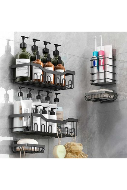 Set de 5 rafturi de baie Elindor® fără găurire, oțel inoxidabil, fixare adezivă, negru