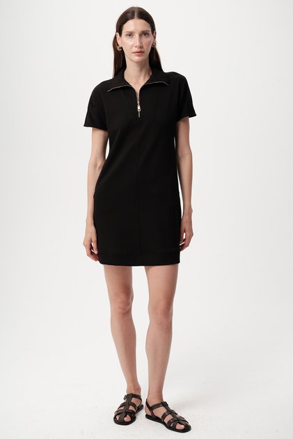 Fermuarlı Polo Yaka Regular Mini Siyah Elbise