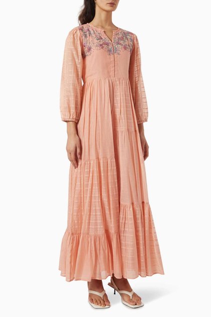 Floral Embroidered Orange Layered Dress for Spring and Summer - Reflect Your Elegance!