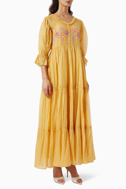 Romantic Elegans: Yellow Layered Dress with Floral Embroidery - Soft Fabric, Button Closure