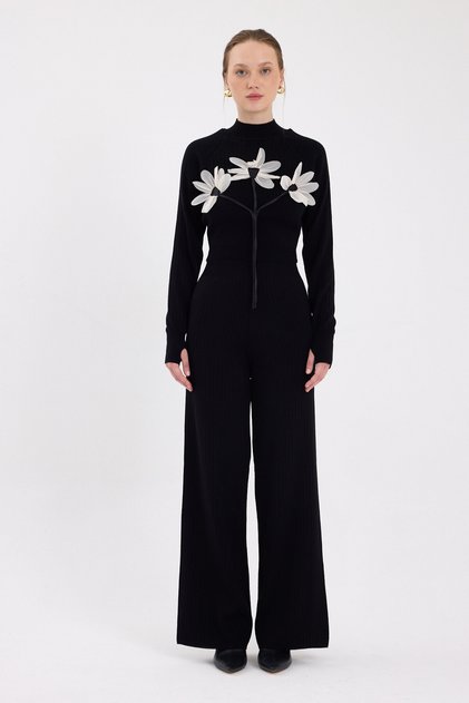 Black Flower Detailed Knitwear Bottom Top Women's Set 7075