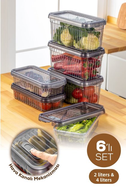 Set of 6 Self-Striped Storage Containers with Locked Lids 3X (2 Liters - 4 Liters)