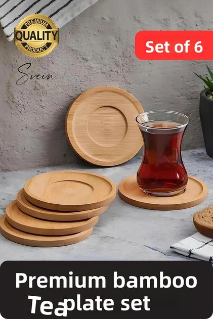 Set of 6 Bamboo Wooden Tea Plate Coasters Coffee Round Cup Mug Coasters Presentation Set Washable