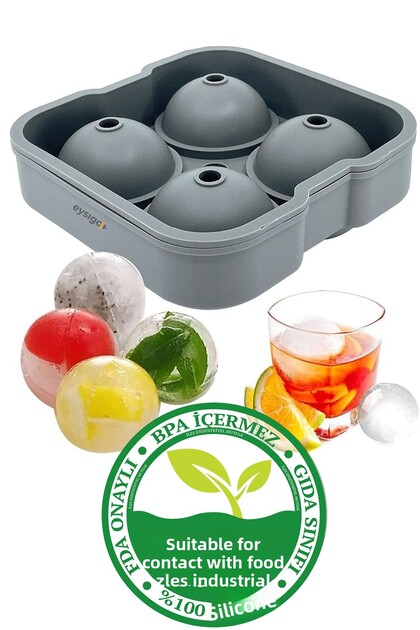 Large Size Silicone 4-Piece Ball Ice Box Ice Mold, Gray