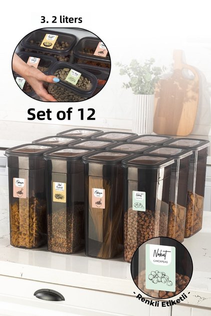 Set of 12 Peggy Rectangular Storage Container with Colorful Labels 3.2 Liters Anthracite