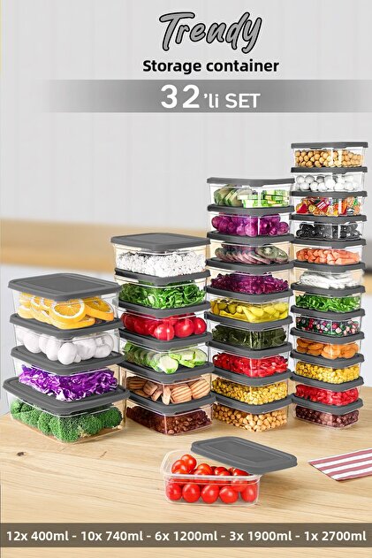 Set of 32 Rectangular Food Storage Containers - Microwave Suitable Organizer Organizer Food Container Gray