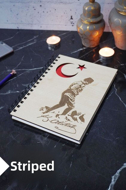 Kemal Atatürk Themed Wooden Cover Notebook - Lined Notebook - Agenda - School Notebook (A5 - 120 Pages)
