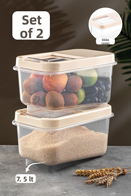 Set of 2 7.5 Lt Pulses Storage Container - Food Storage Container with Sliding Lid Flour Container Cream Multi Box