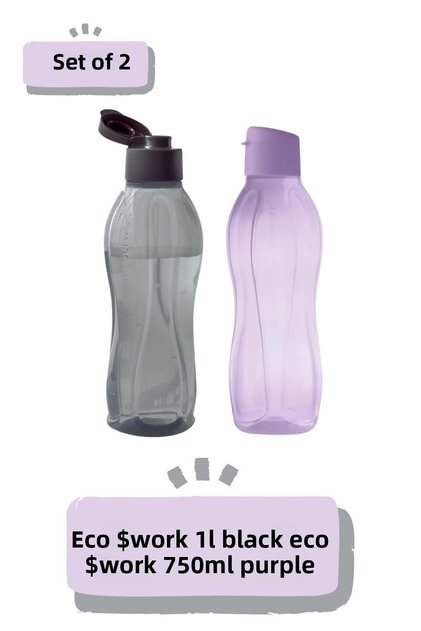 Eco Bottle Easy Cover 1 L Black and 750 ml Purple Water Bottle Water Bottle Eco-Friendly Set of 2