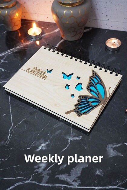 Wooden Infinite Schedule Book with Butterfly Figure - Undate Agenda - Weekly Planner - A5